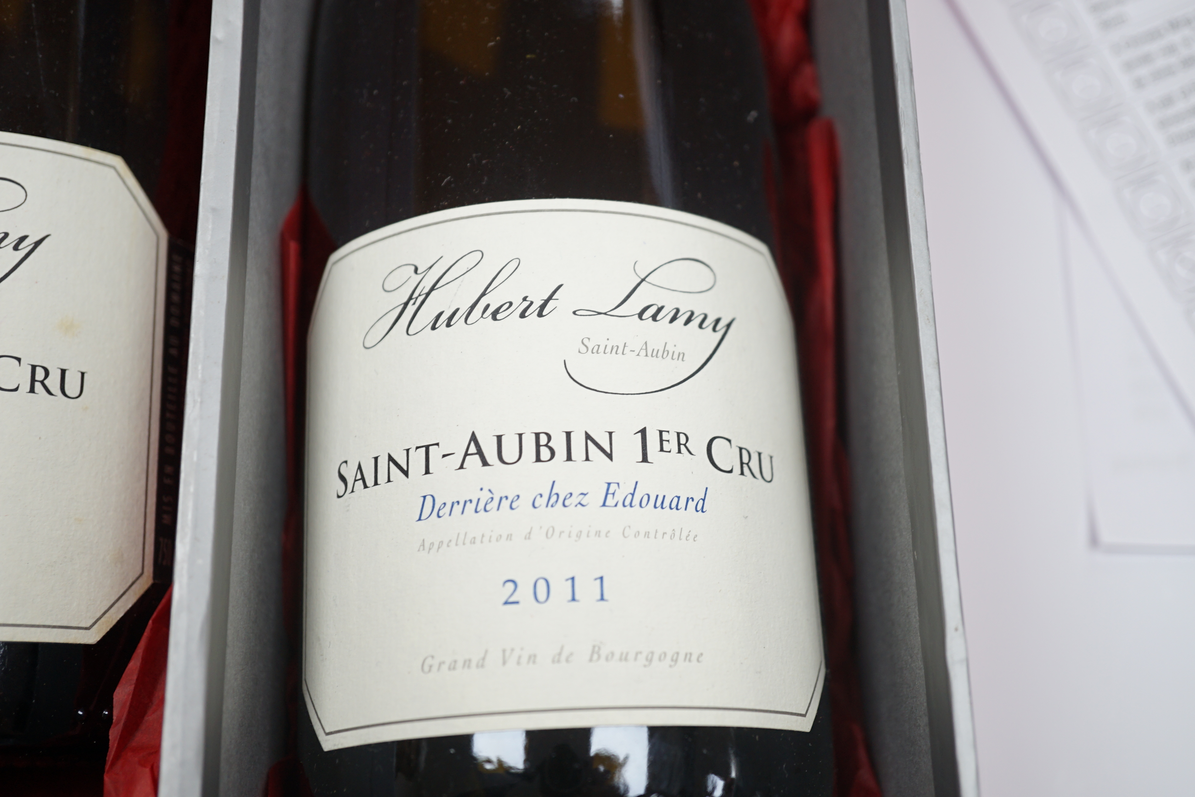 Two bottles of Hubert Lamy Saint-Aubin 1er Cru Derriere chez Edouard 2011 Bourgogne
